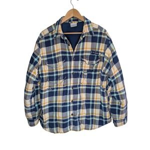 Columbia PFG Fleece Lined Flannel Shirt Jacket XL Blue Yellow Plaid Shacket Fish